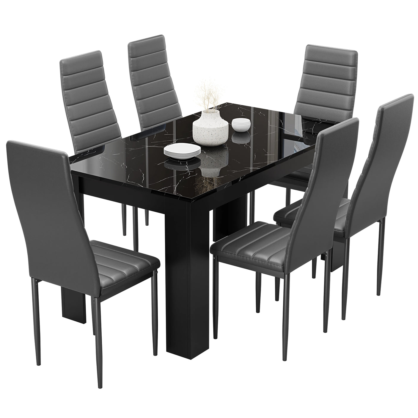 Compact Black Marble Finish Kitchen Table and Chairs Set