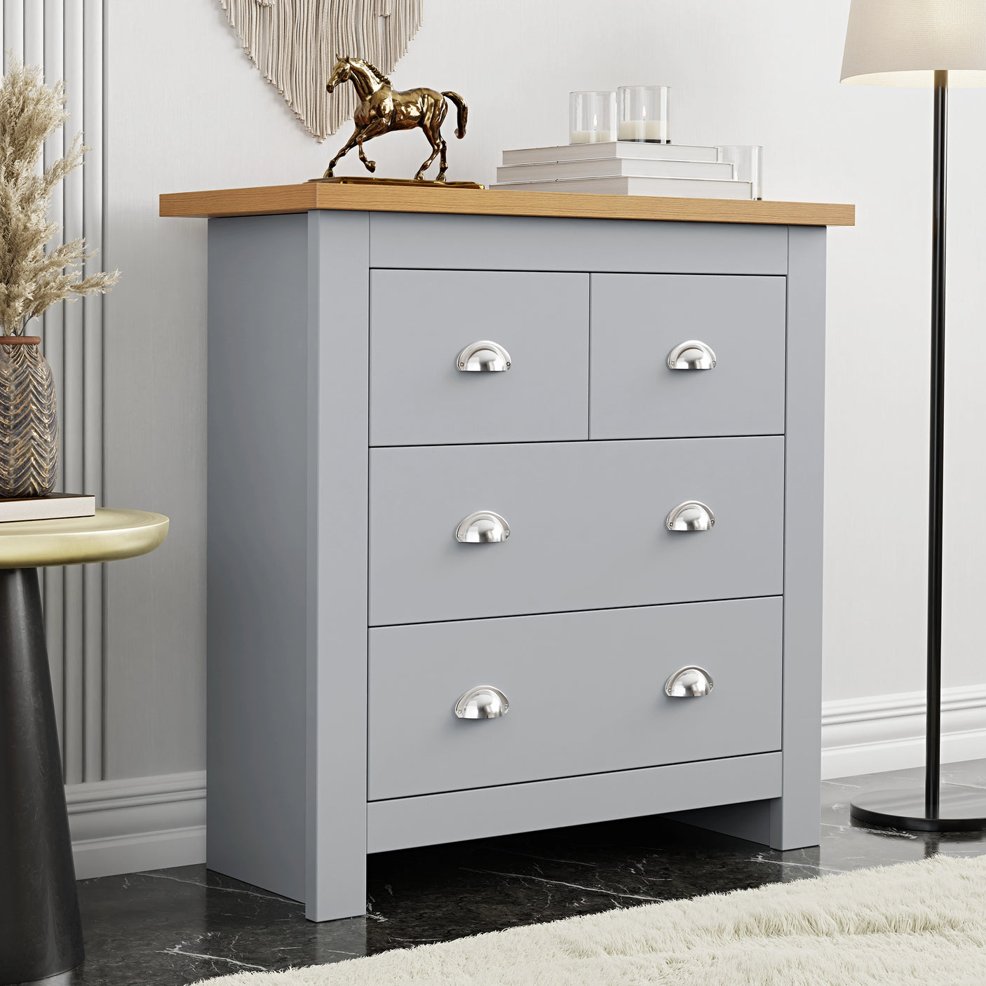 Blisswood 2 over 2 Chest of Drawers in grey with oak top, ideal for bedroom storage. Compact dresser with 4 drawers and chrome handles.
