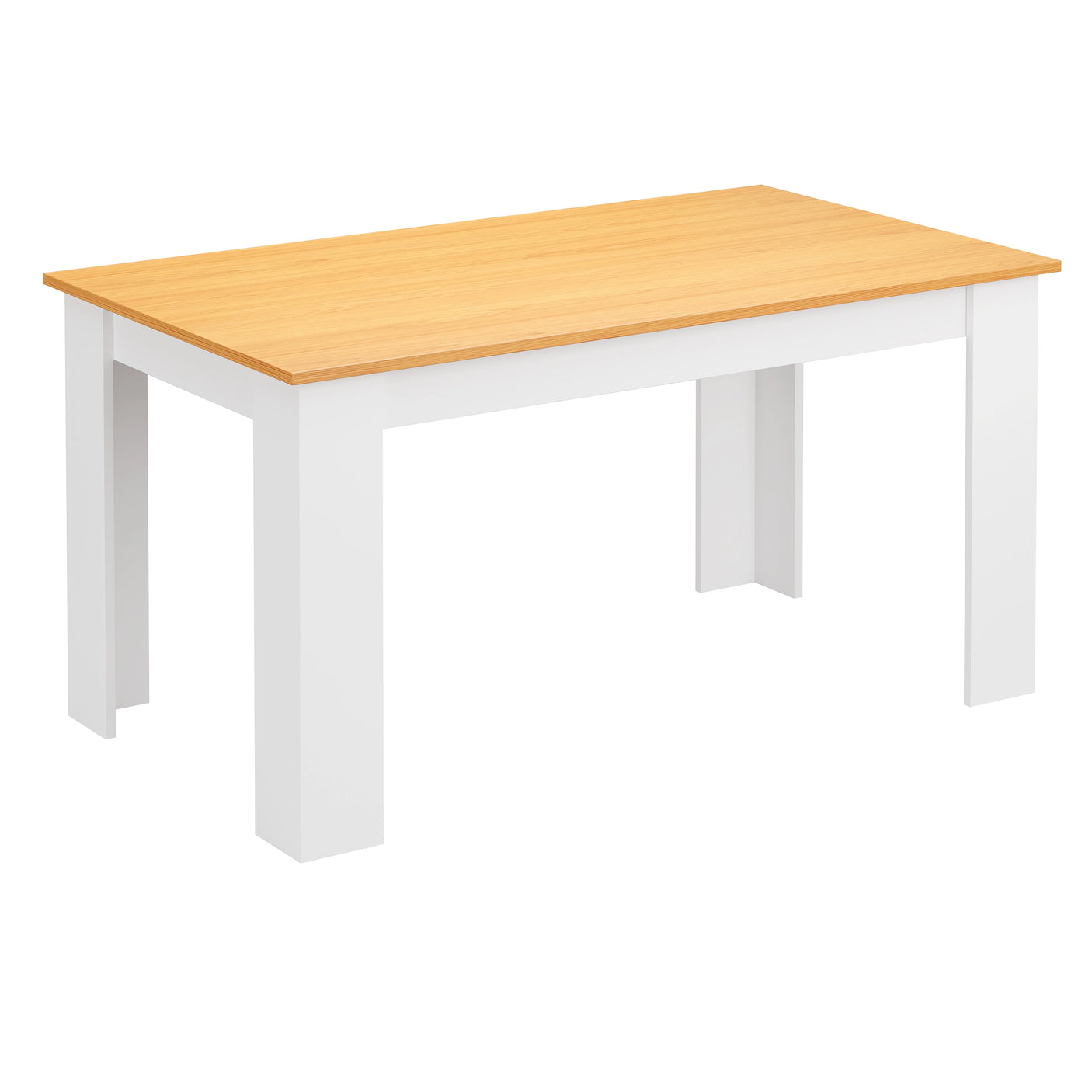 Pine finish dining table with white legs. Central piece of 4 person dining table and chairs set.