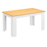 Pine finish dining table with white legs. Central piece of 4 person dining table and chairs set.