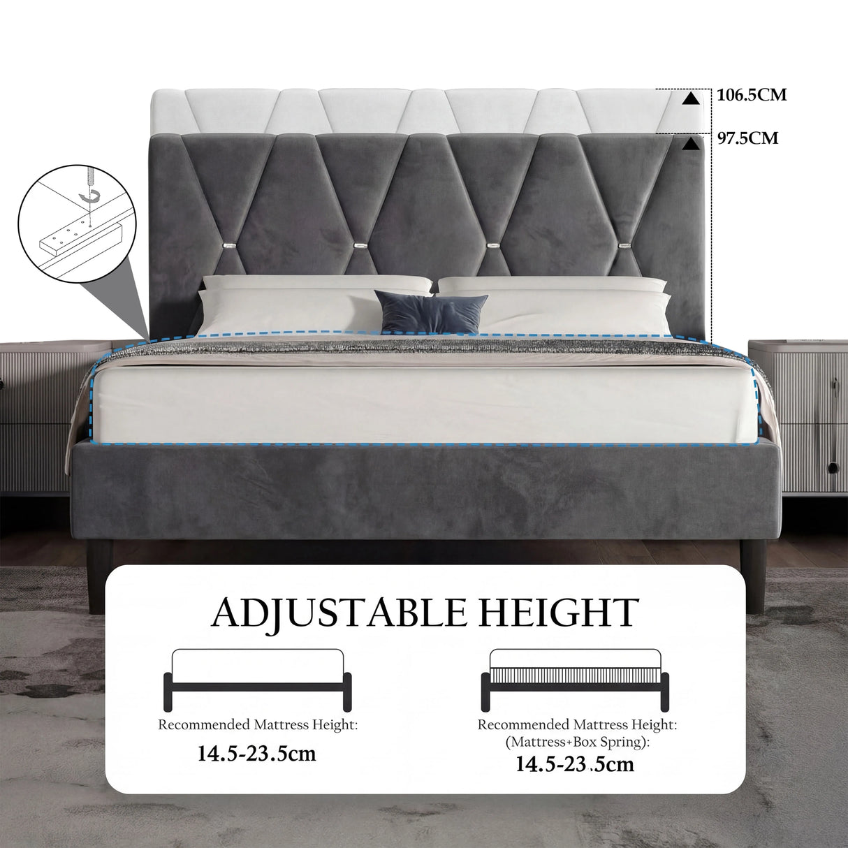 Velvet Double Bed Frame with Headboard Upholstered King Size Bed Frame