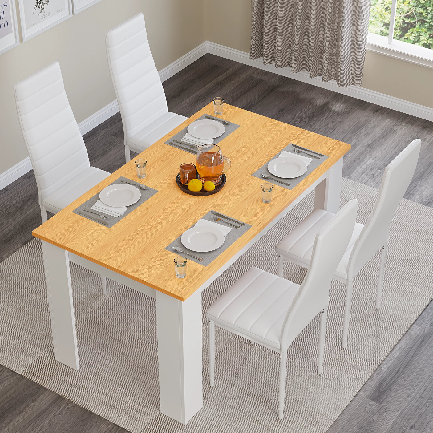 4 seater pine dining table set with white faux leather chairs. Ideal for minimalist kitchen and dining areas.