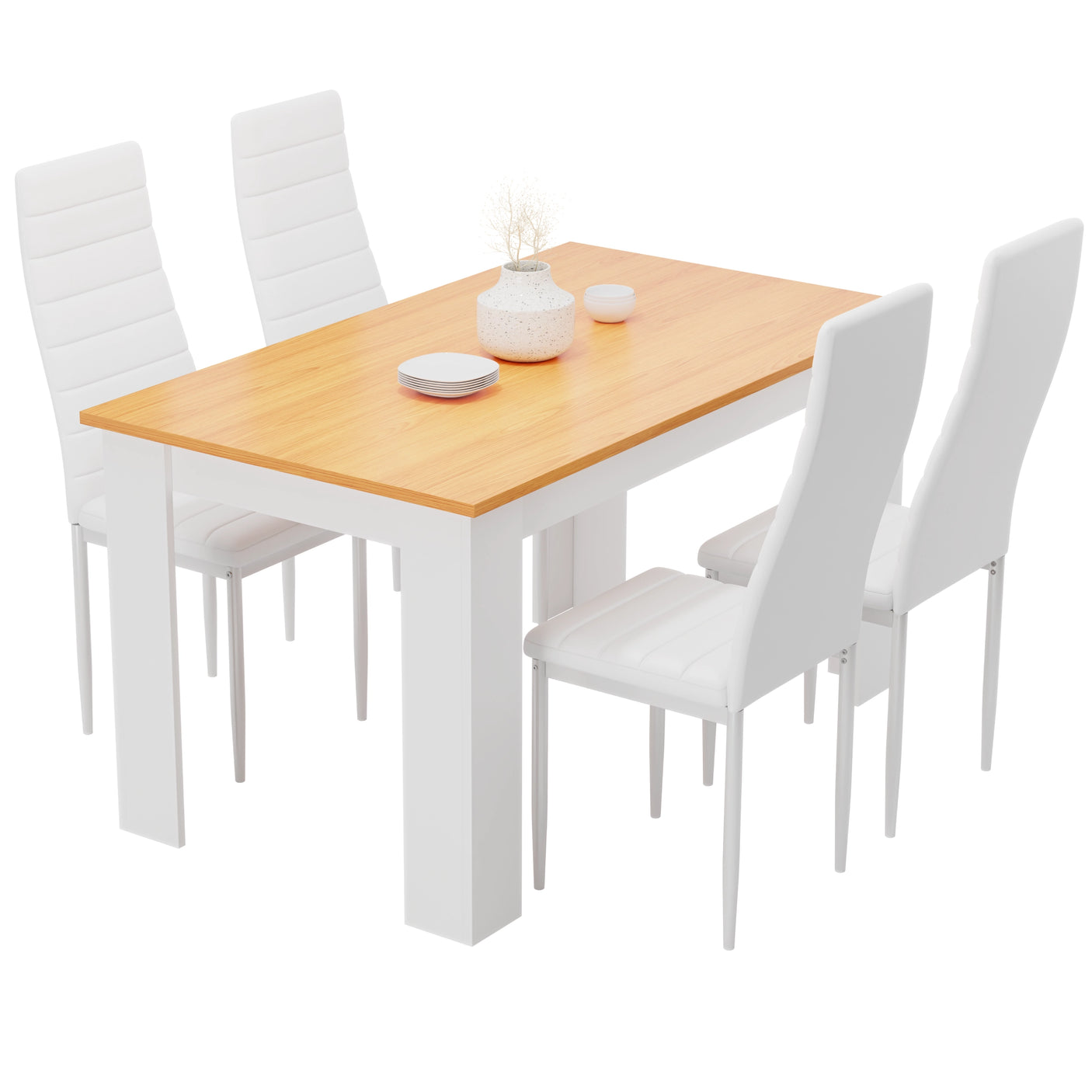 Compact pine dining table set with 4 white PU leather chairs. Great for small dining spaces.