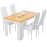 Compact pine dining table set with 4 white PU leather chairs. Great for small dining spaces.