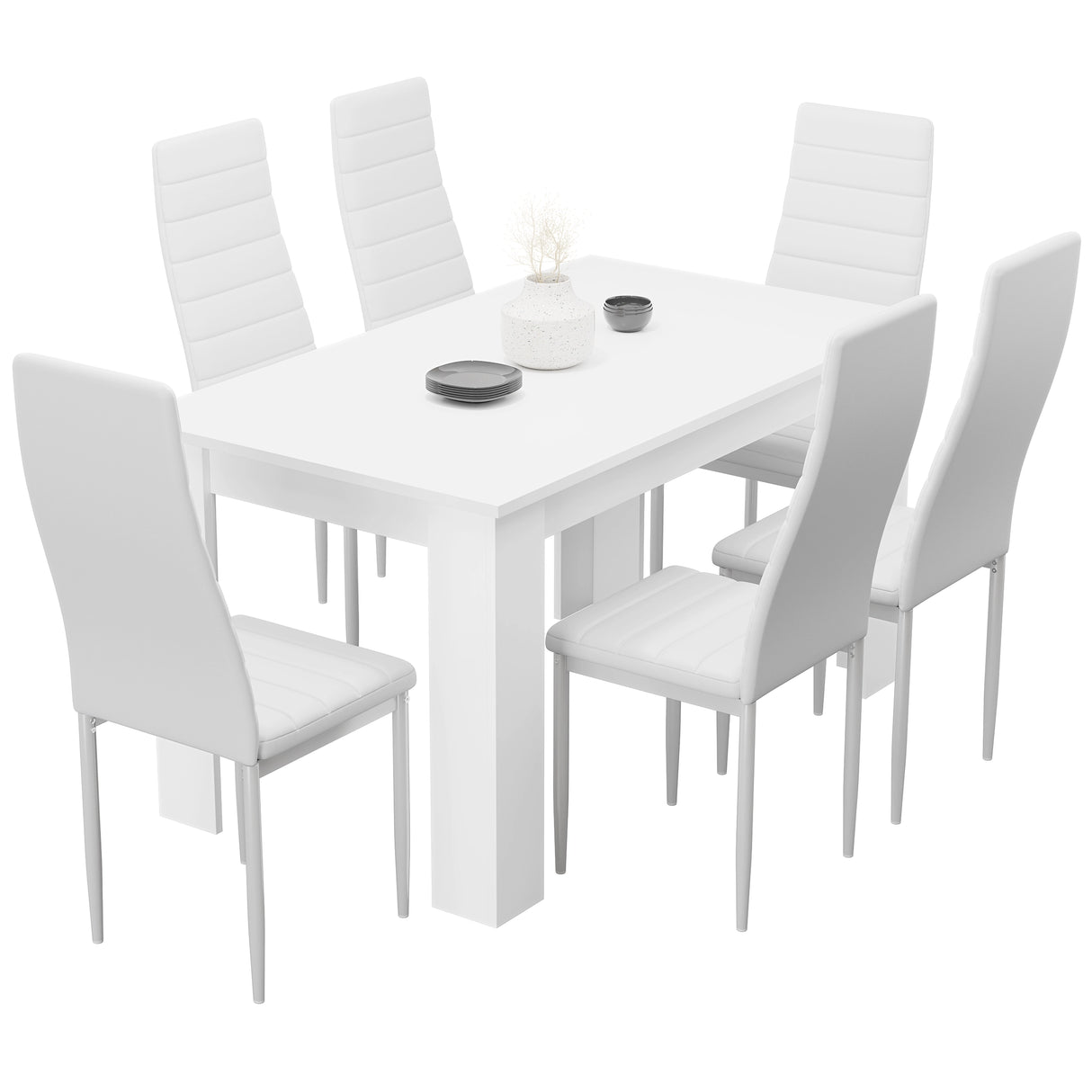 Contemporary 6 Seater Dining Table Set with Padded Chairs – White Finish