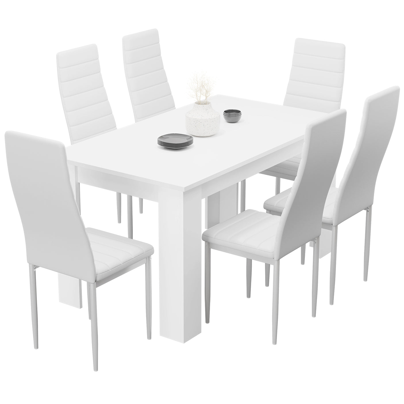 White rectangular dining table with six white padded chairs, designed for modern kitchens and dining rooms.