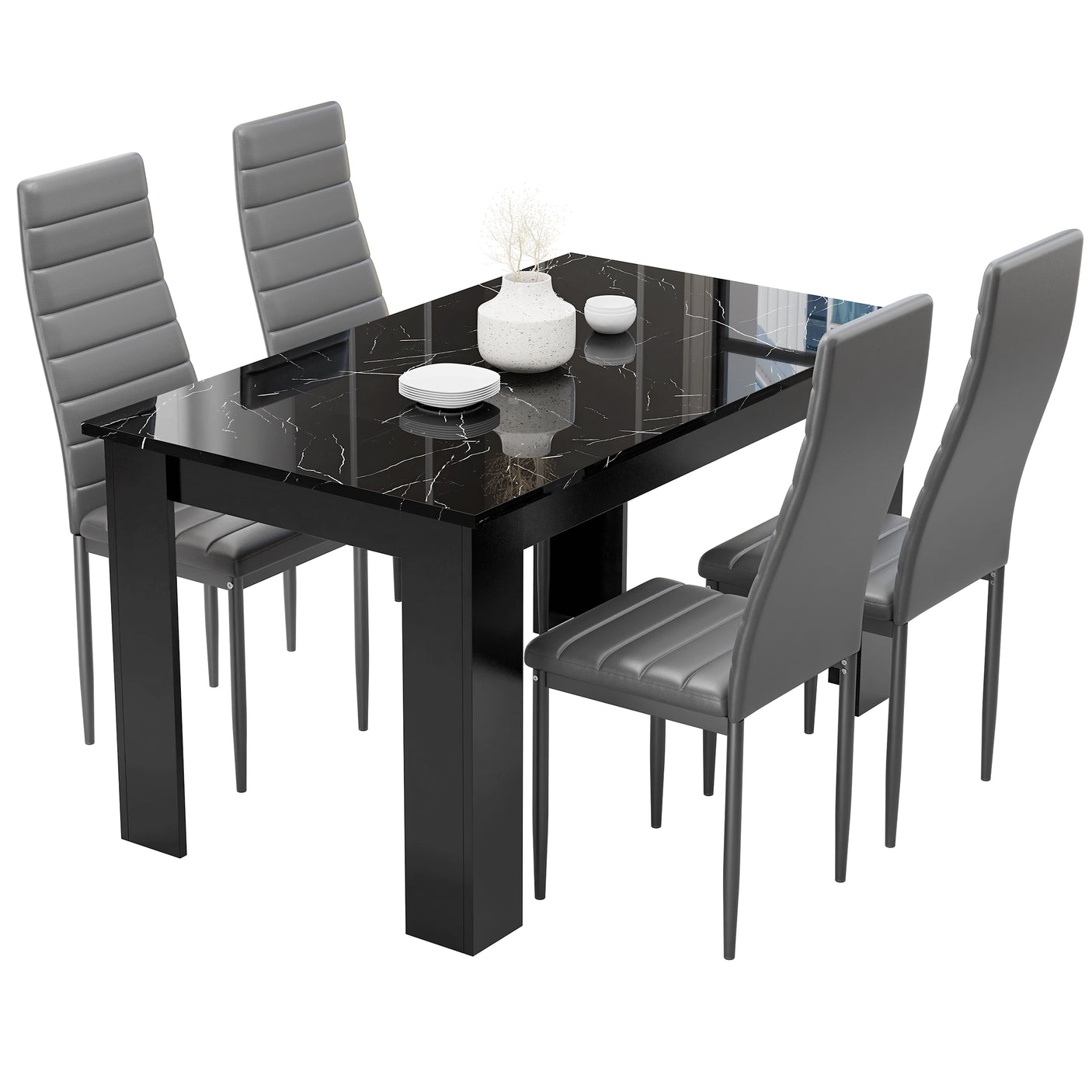 Compact Black Marble Finish Kitchen Table and Chairs Set