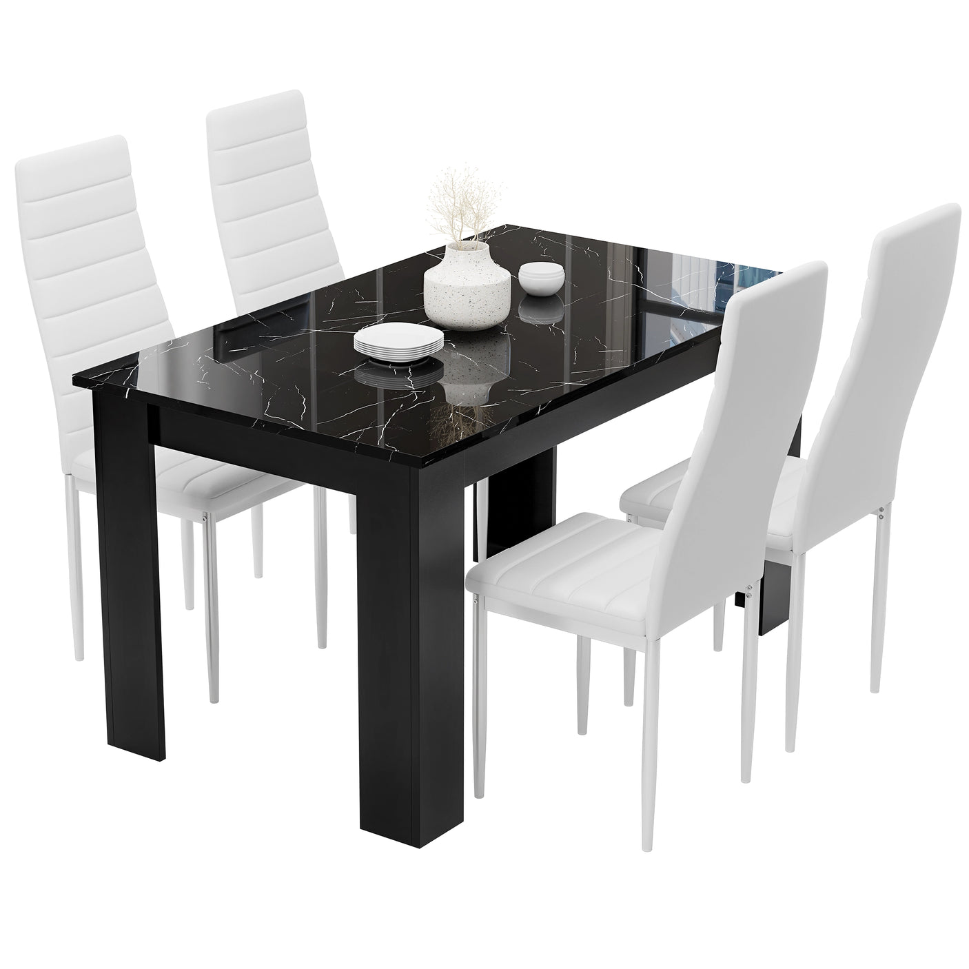 Compact Black Marble Finish Kitchen Table and Chairs Set