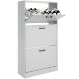 Light grey slim shoe cabinet with two compartments and adjustable shelves