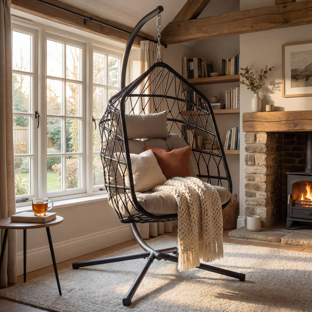 Foldable Hanging Egg Chair With Stand & Cushion