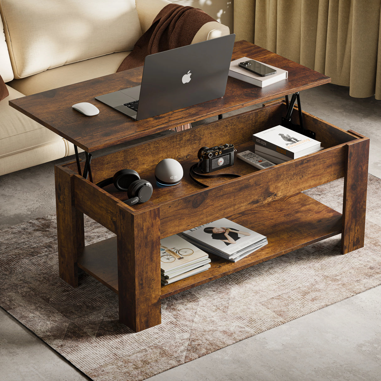 Lift top Coffee Table with Storage | Lift up Center Table 100cm Wide