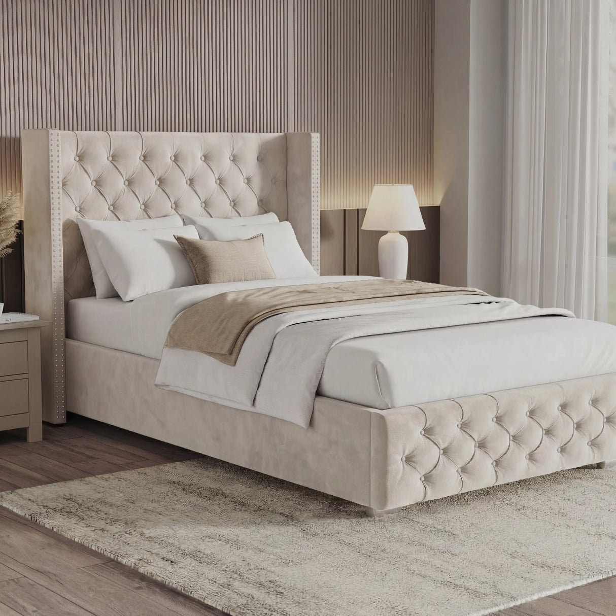 Cross Pattern Velvet Ottoman Storage Bed - Winged Bed Frame