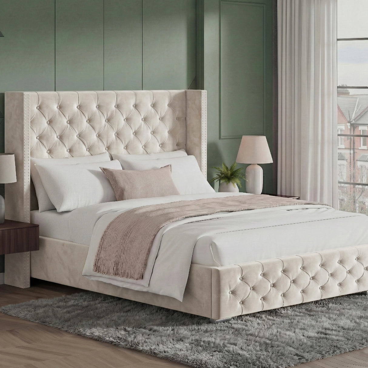 Cross Pattern Velvet Ottoman Storage Bed - Winged Bed Frame