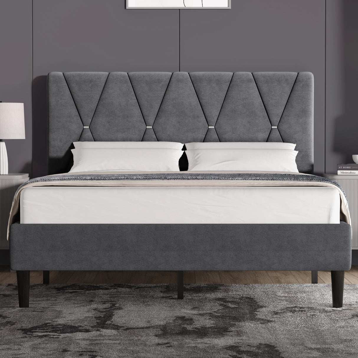 Velvet Upholstered Bed Frame in Grey & Beige with Adjustable Headboard