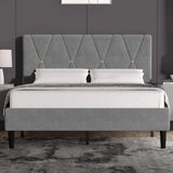 Velvet Upholstered Bed Frame in Grey & Beige with Adjustable Headboard