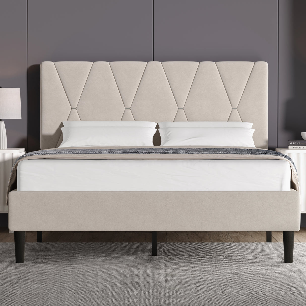 Velvet Upholstered Bed Frame in Grey & Beige with Adjustable Headboard