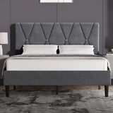 Velvet Upholstered Bed Frame in Grey & Beige with Adjustable Headboard