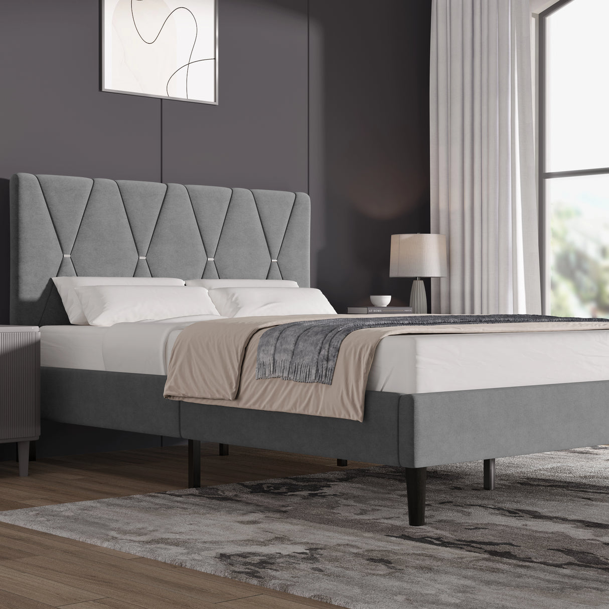 Velvet Upholstered Bed Frame in Grey & Beige with Adjustable Headboard