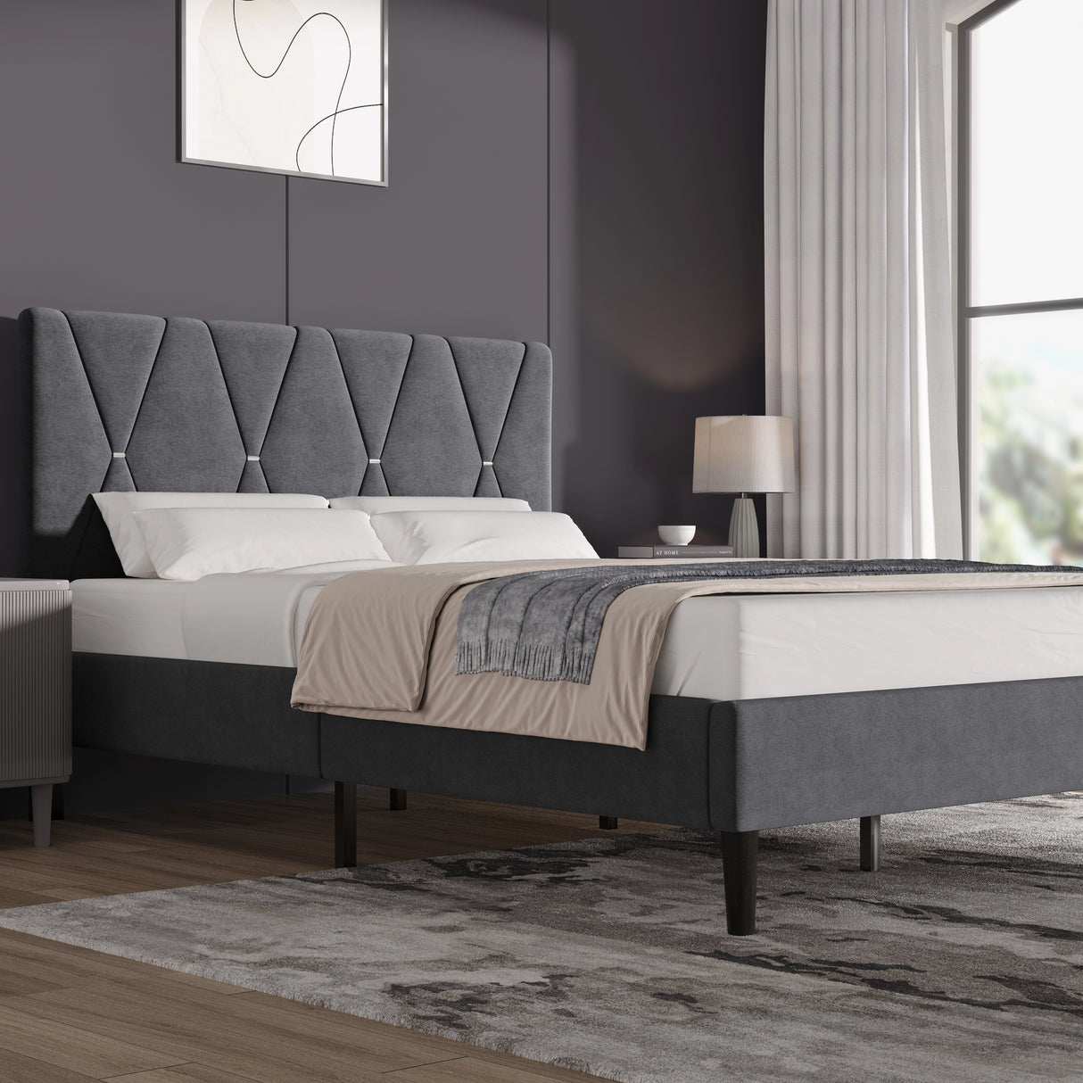 Velvet Upholstered Bed Frame in Grey & Beige with Adjustable Headboard