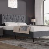Velvet Upholstered Bed Frame in Grey & Beige with Adjustable Headboard