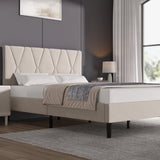 Velvet Upholstered Bed Frame in Grey & Beige with Adjustable Headboard