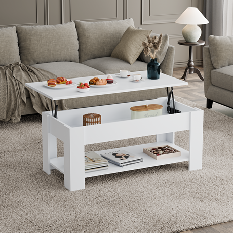 Modern coffee table with lift-top storage in a stylish living room.