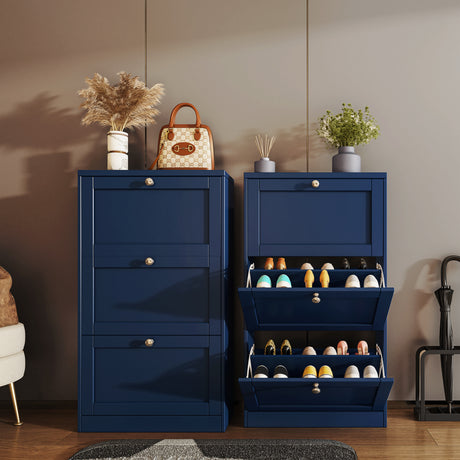 Modern blue shoe cabinet with doors, stylish storage solution for hallway