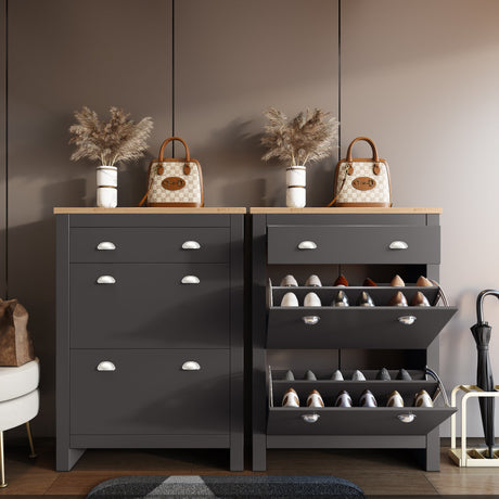 Modern entryway shoe cabinet with two-tone design and flip drawers for storage