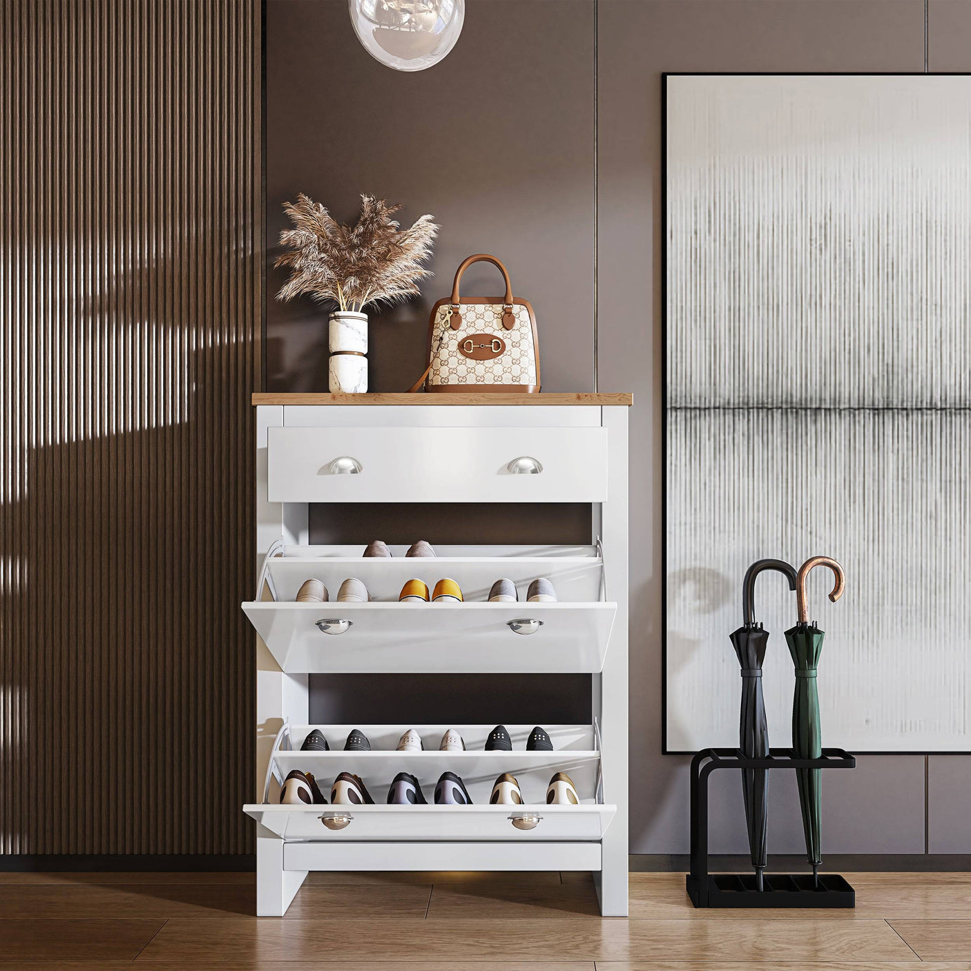 White Blisswood Shoe Storage Cabinet with all compartments open, displaying organized shoes in a stylish hallway setting.