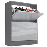 Modern grey shoe cabinet with pull-out storage compartments and sleek reflective design.