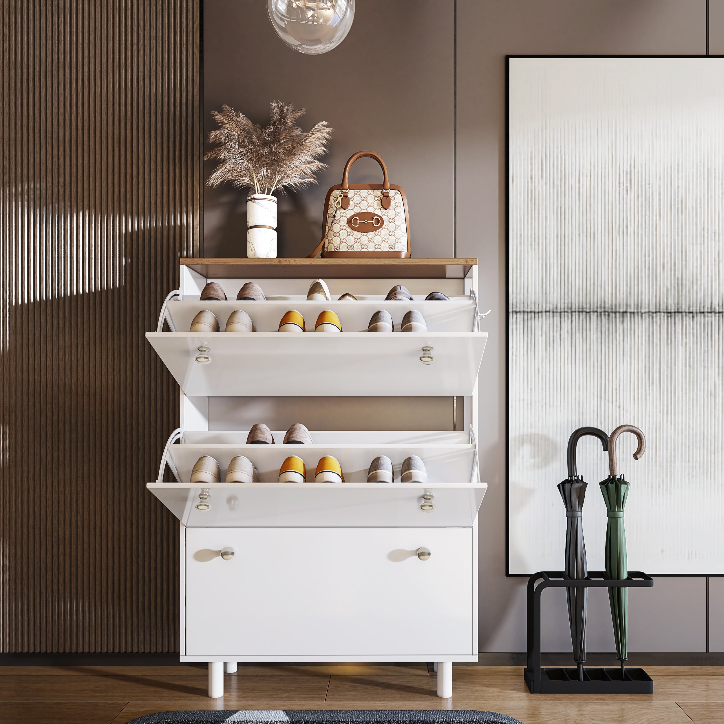 Modern hallway shoe cabinet with flip-up doors and spacious compartments for shoes.