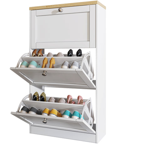 Modern shaker shoe cabinet with a bamboo top, featuring multiple compartments for organized cabinet