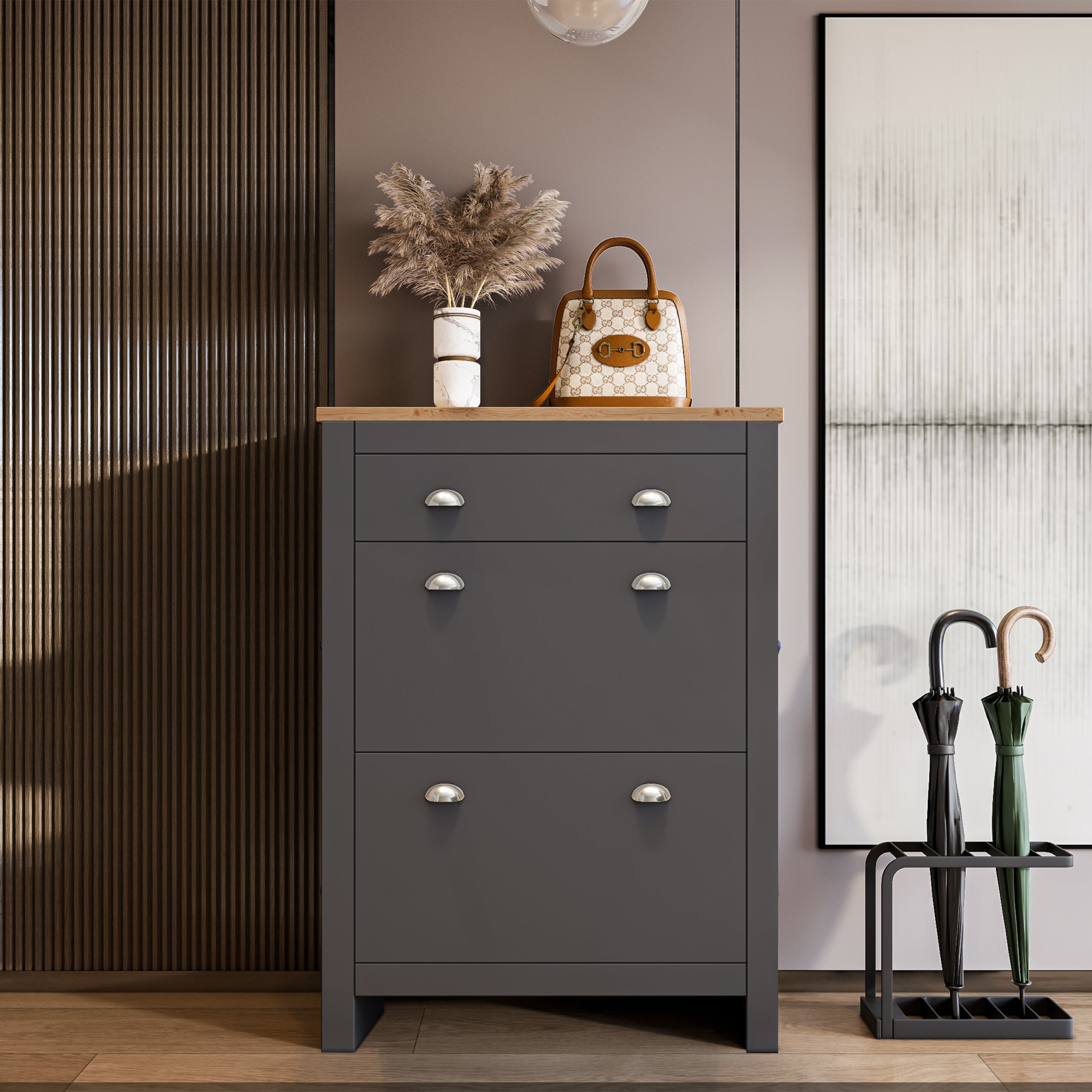 Modern shoe cabinet for entryway with wooden top and sleek design