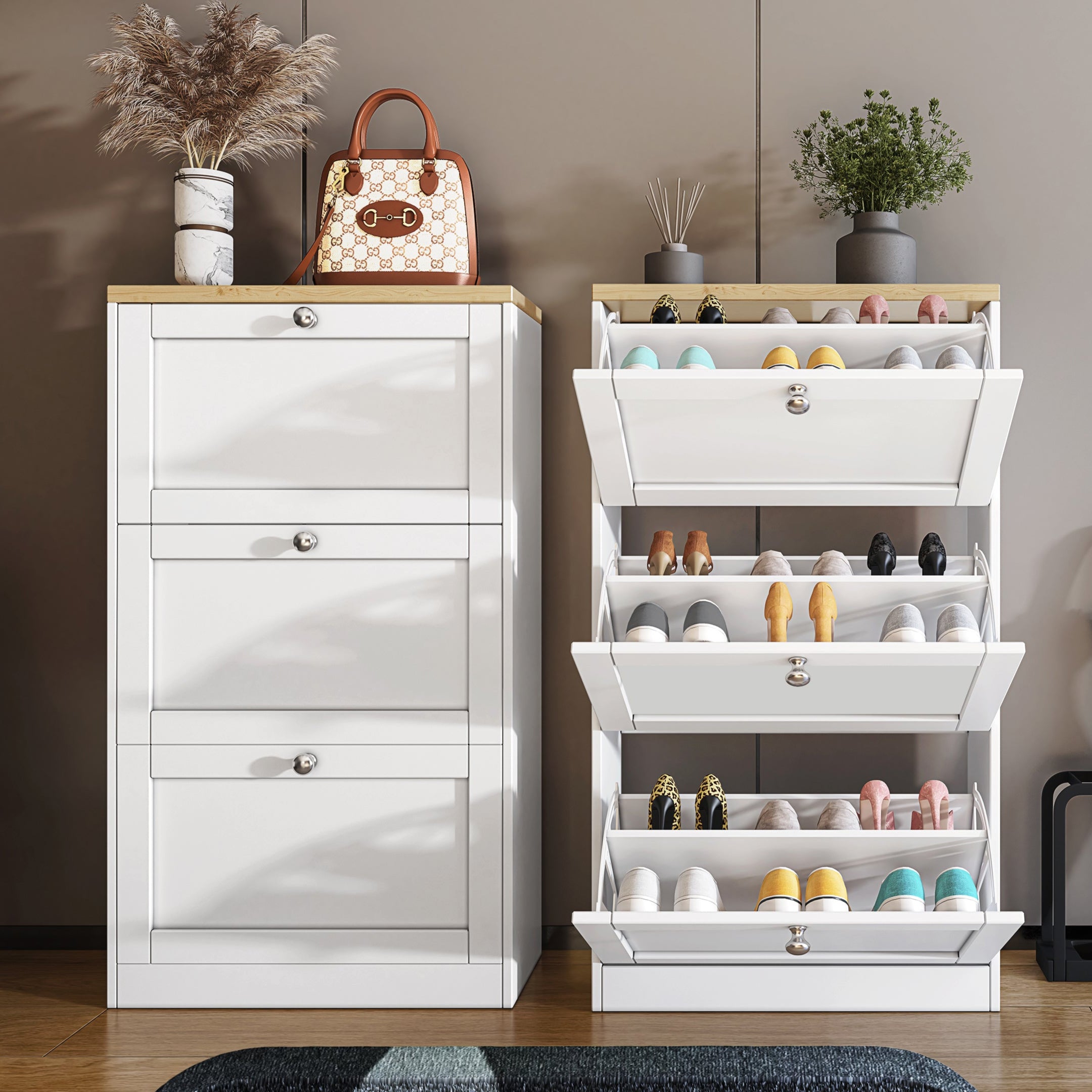 Modern shoe cabinet in white with multiple compartments and a bamboo top for extra storage