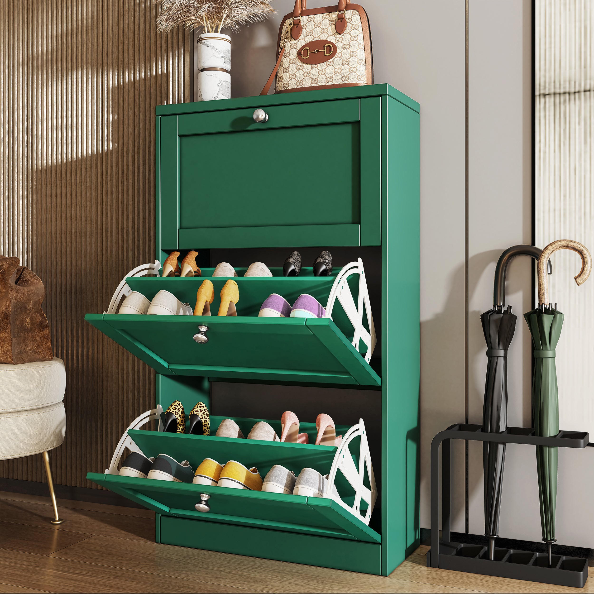 Modern shoe cupboard in green with multiple compartments and stylish flip-up storage