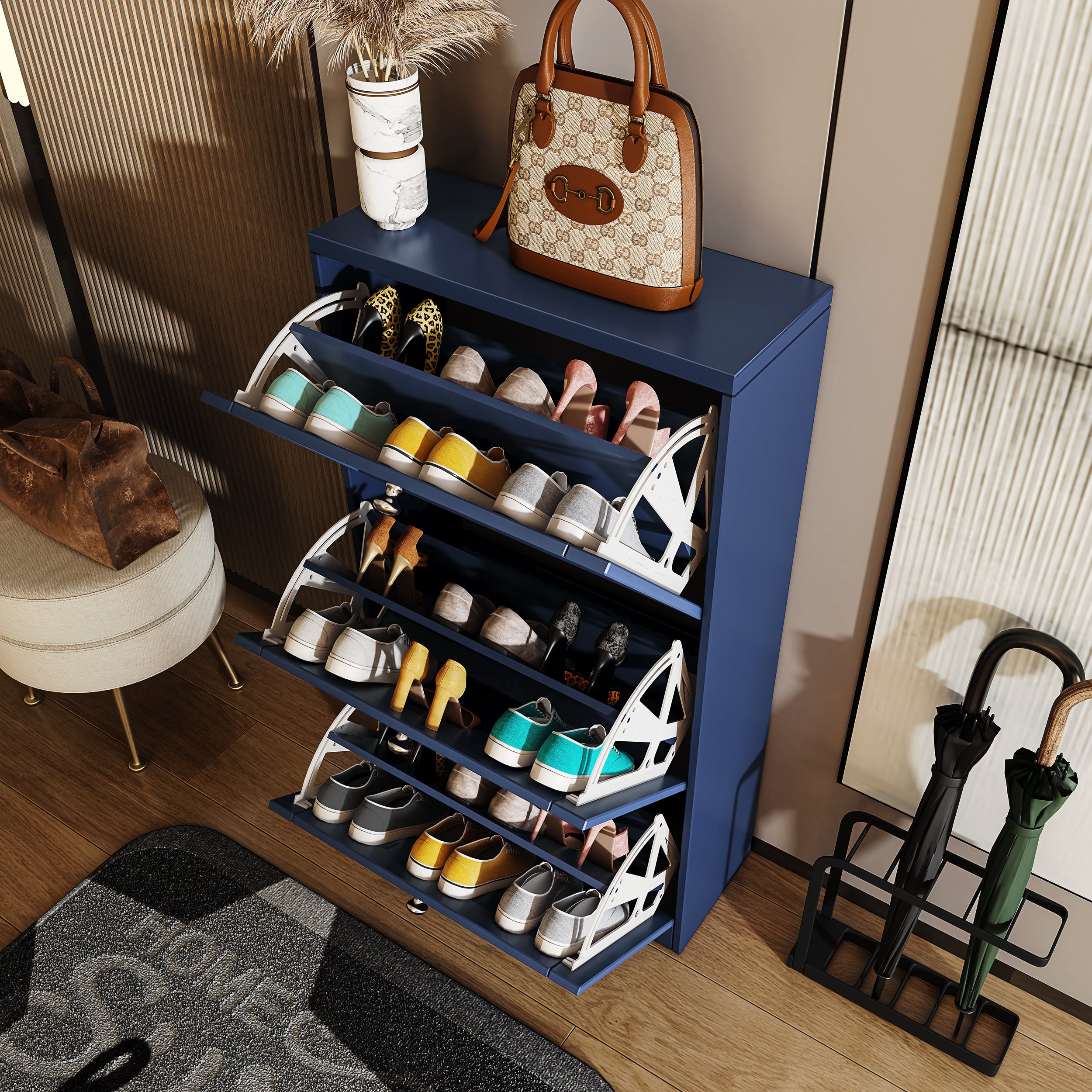 Modern shoe organizer in blue with multiple compartments for easy storage and organization