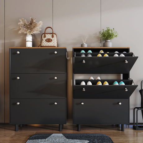 Narrow shoe cabinet for hallway with multiple compartments for organized shoe storage.