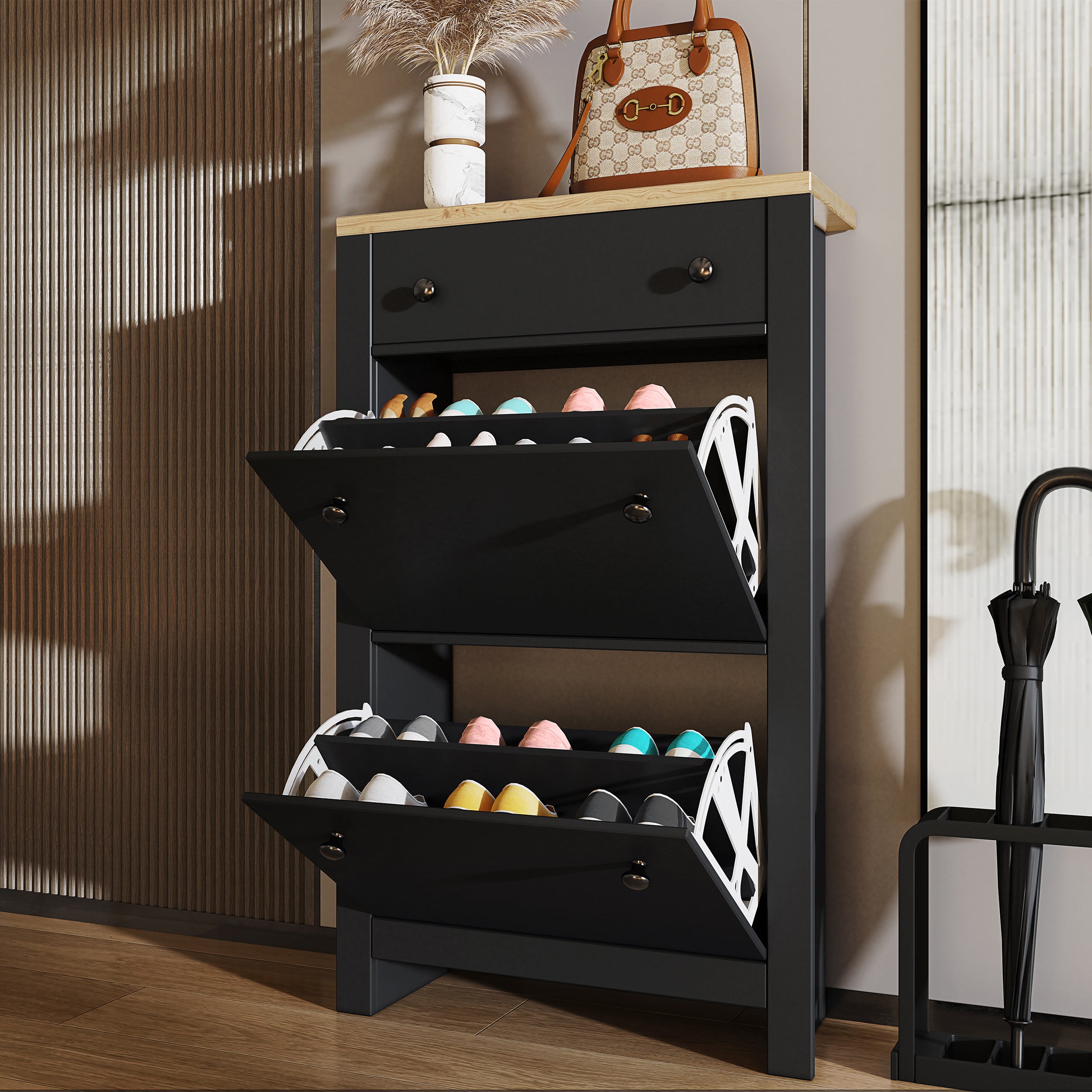 Oak top shoe cabinet with drawer and multiple flip-up compartments for organized storage.