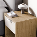 [Oak+White] Skova bedside pair top corner in oak with white drawer below, ceramic mushroom lamp lit on the surface