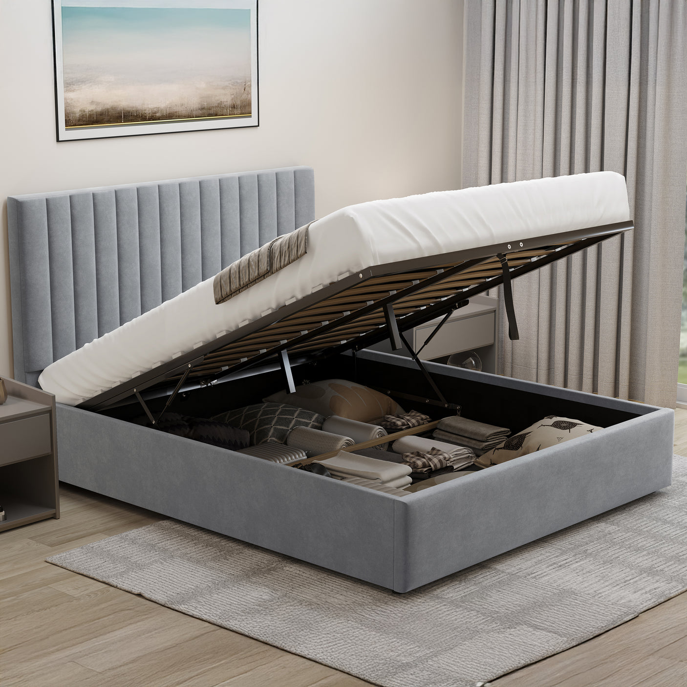 Blisswood Velvet Quilted Vertical Line Ottoman Storage Bed With Mattress