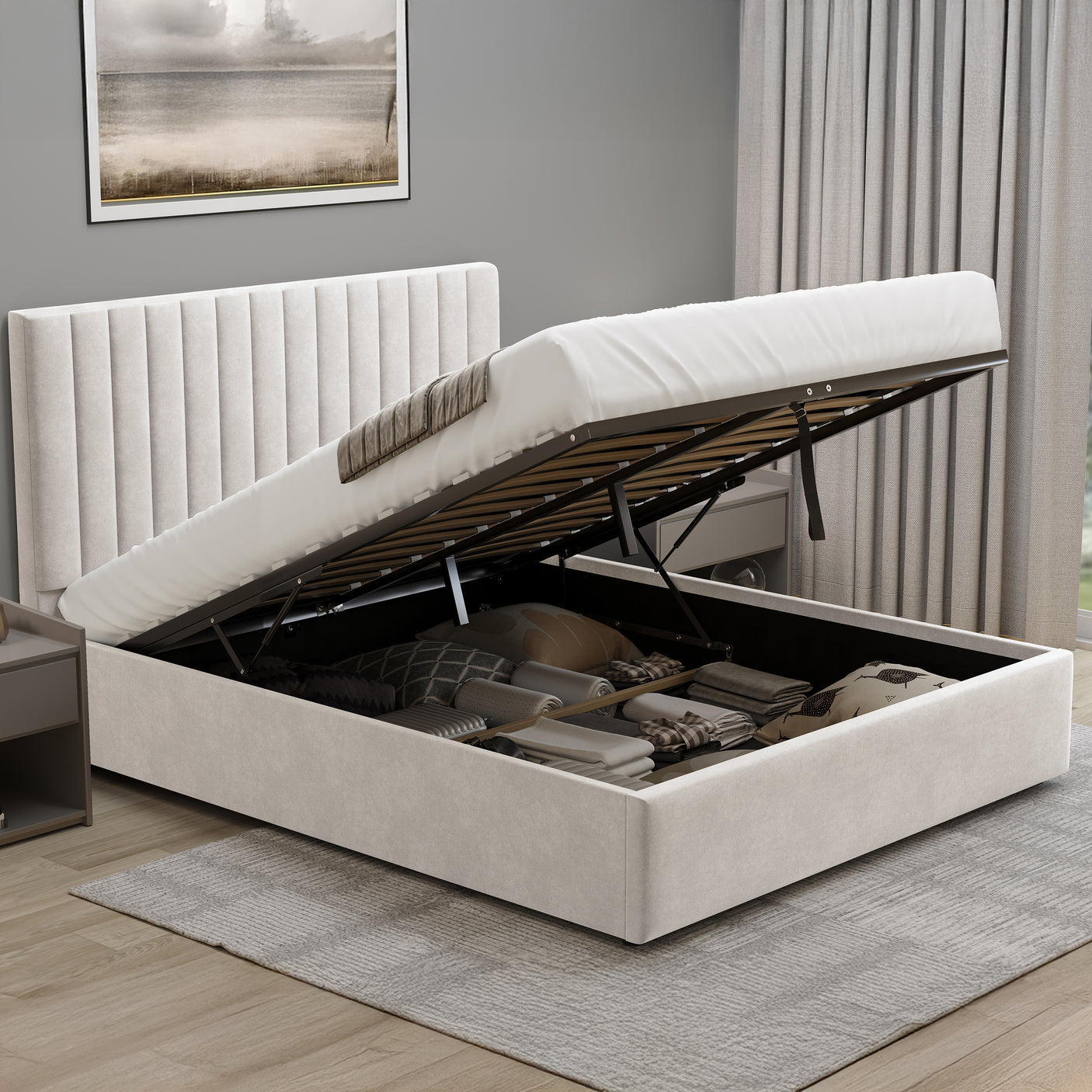Blisswood Velvet Quilted Vertical Line Ottoman Storage Bed With Mattress