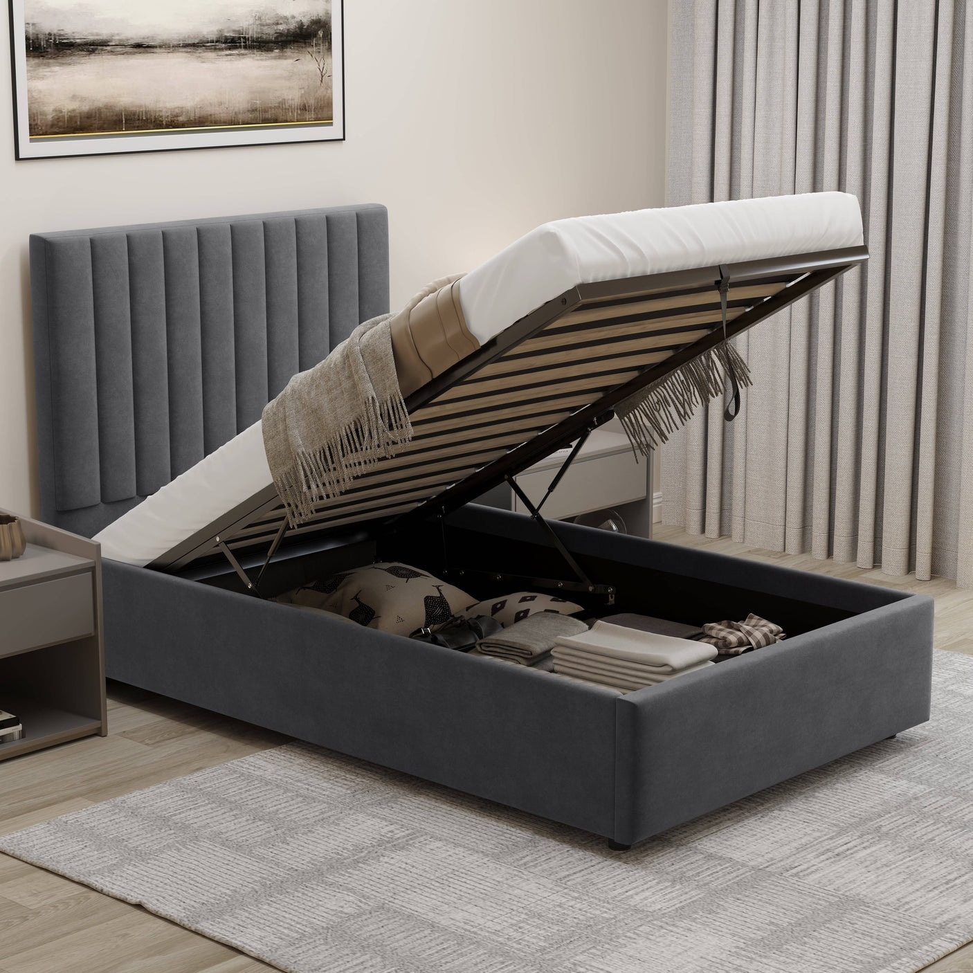 Blisswood Velvet Quilted Vertical Line Ottoman Storage Bed With Mattress