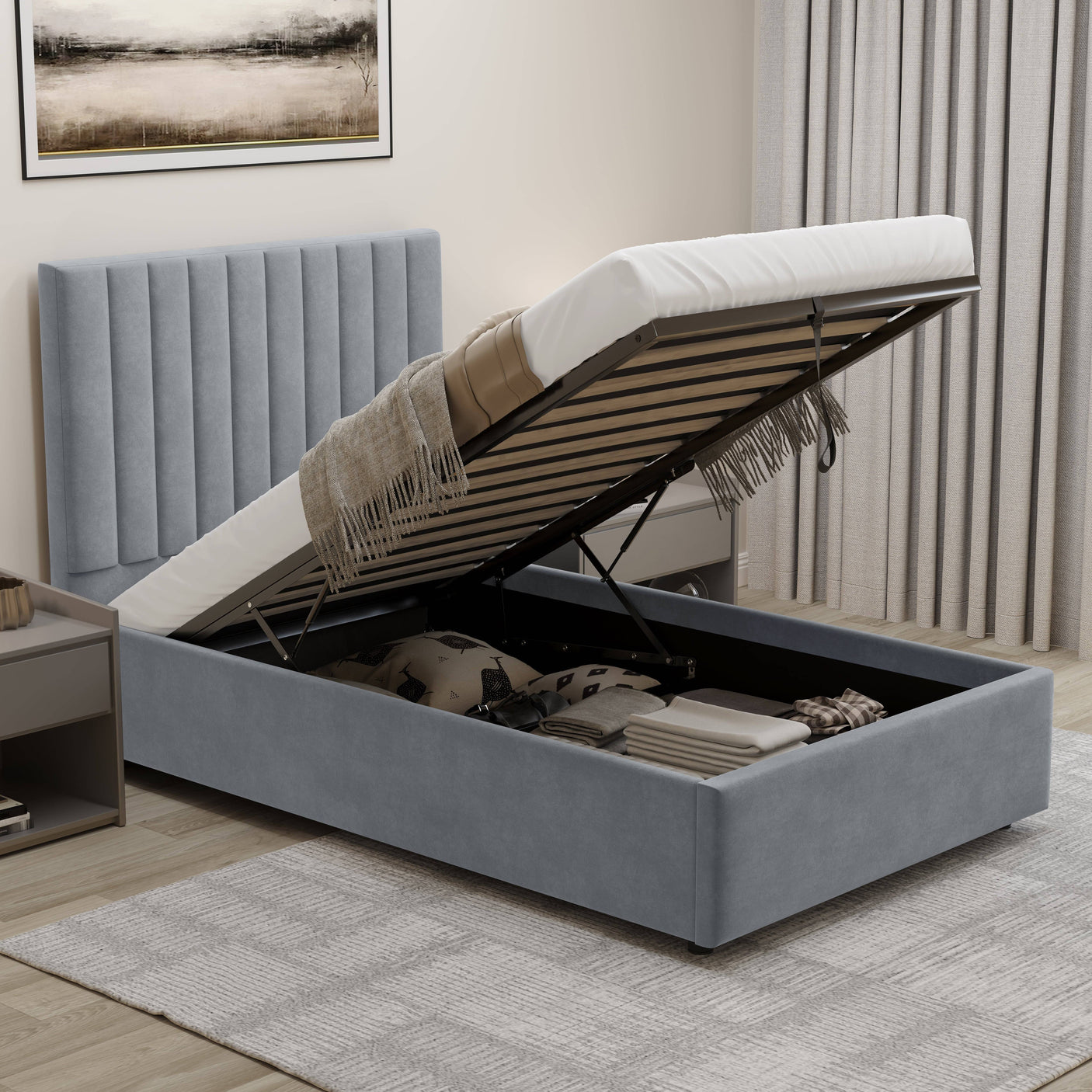 Blisswood Velvet Quilted Vertical Line Ottoman Storage Bed With Mattress