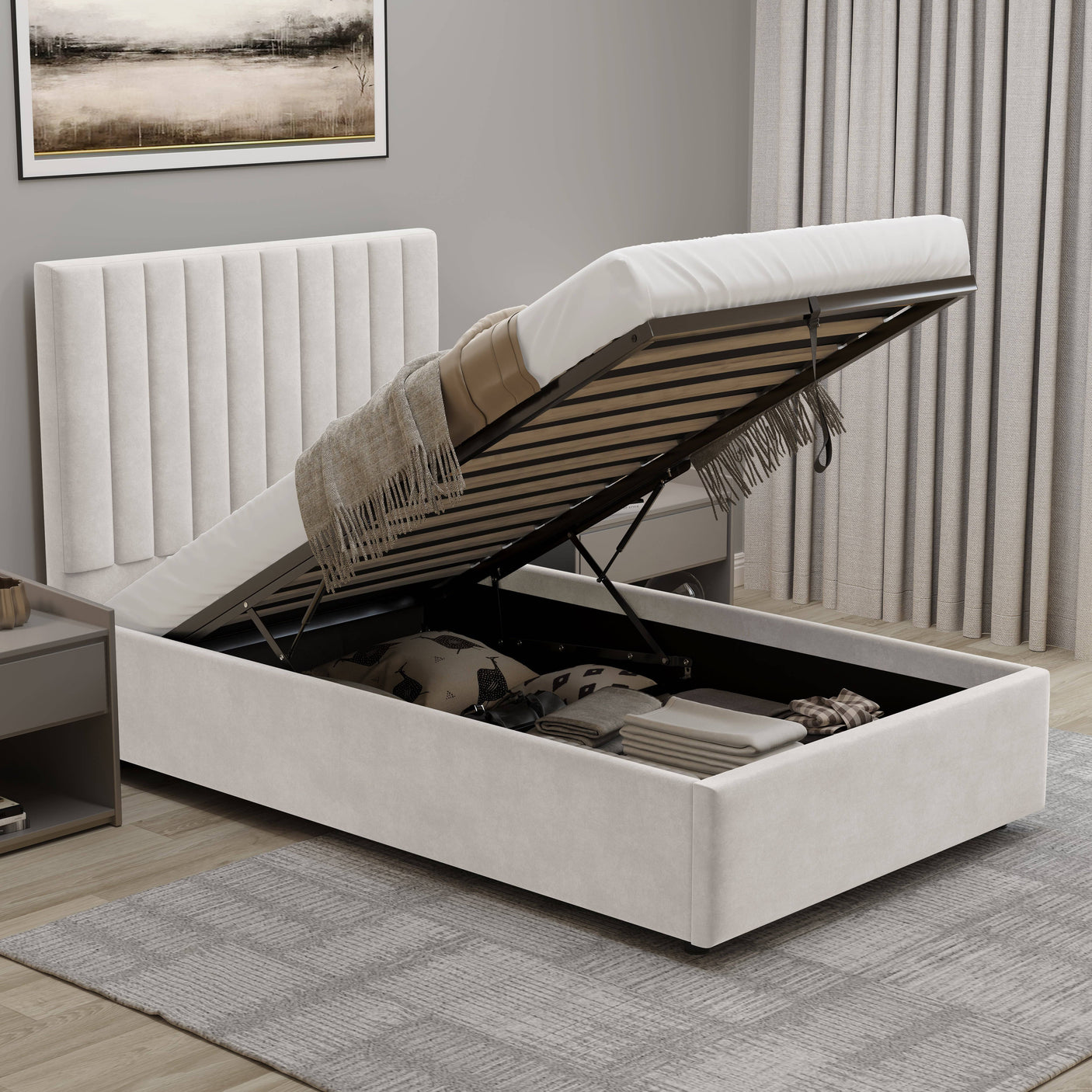 Blisswood Velvet Quilted Vertical Line Ottoman Storage Bed With Mattress
