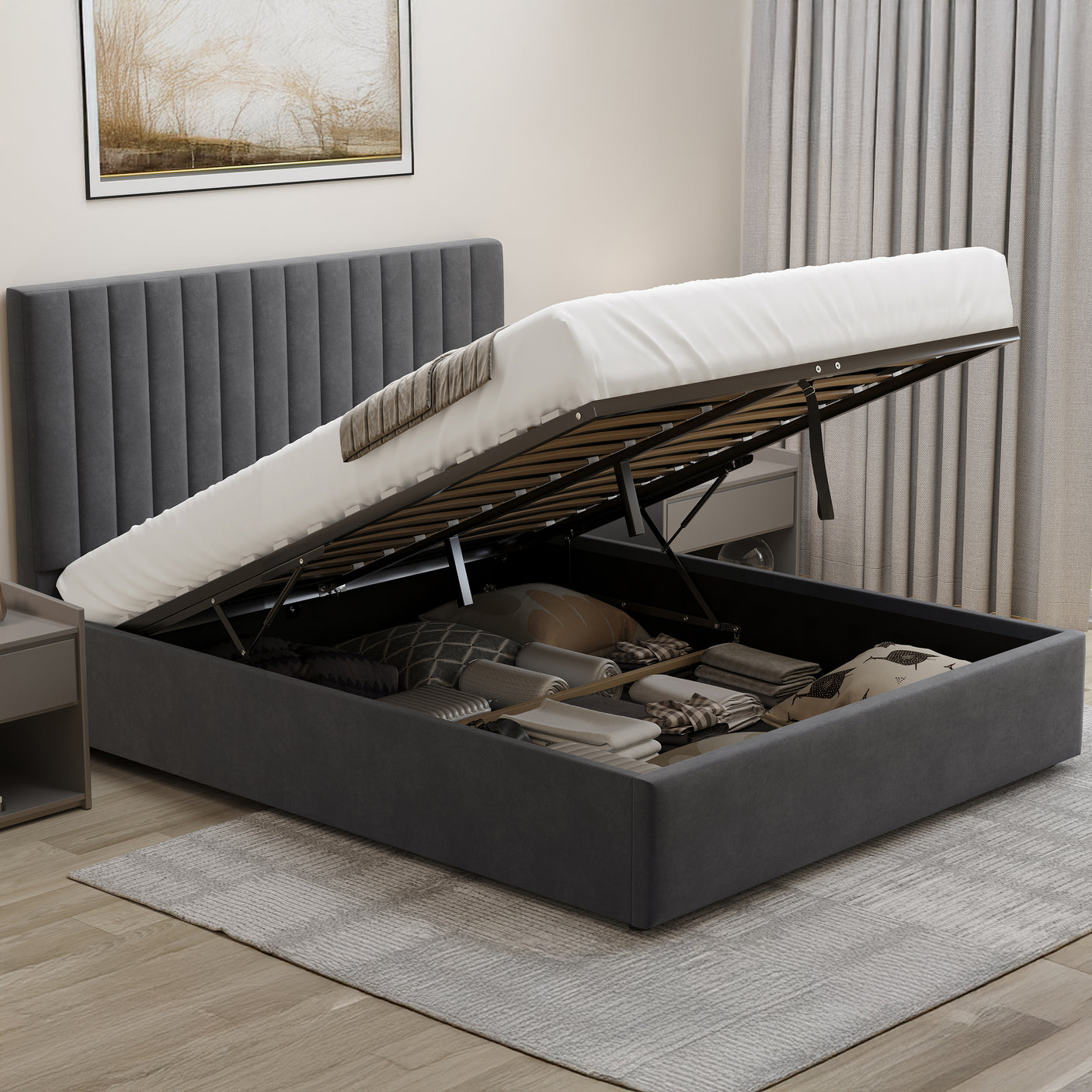 Blisswood Velvet Quilted Vertical Line Ottoman Storage Bed With Mattress