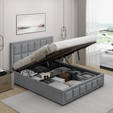 Light grey Upholstered Ottoman Storage Bed lifted to show ample under-bed storage, perfect for organized bedroom living.