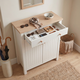 [White] Linra White 4 Tier Shoe Storage Cabinet top-down view with drawer open showing keys tray wallet phone and earbuds with umbrella stand and woven basket alongside