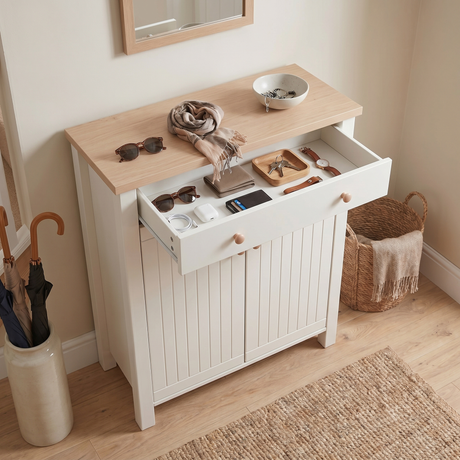 [White] Linra White 4 Tier Shoe Storage Cabinet top-down view with drawer open showing keys tray wallet phone and earbuds with umbrella stand and woven basket alongside