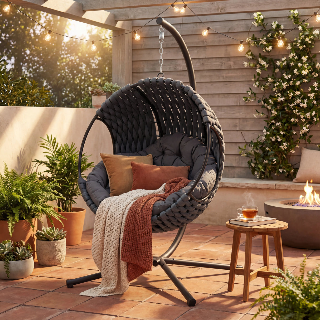 Round Garden Hanging Egg Chair on a patio with string lights and fire pit, perfect for outdoor lounging and garden seating comfort.