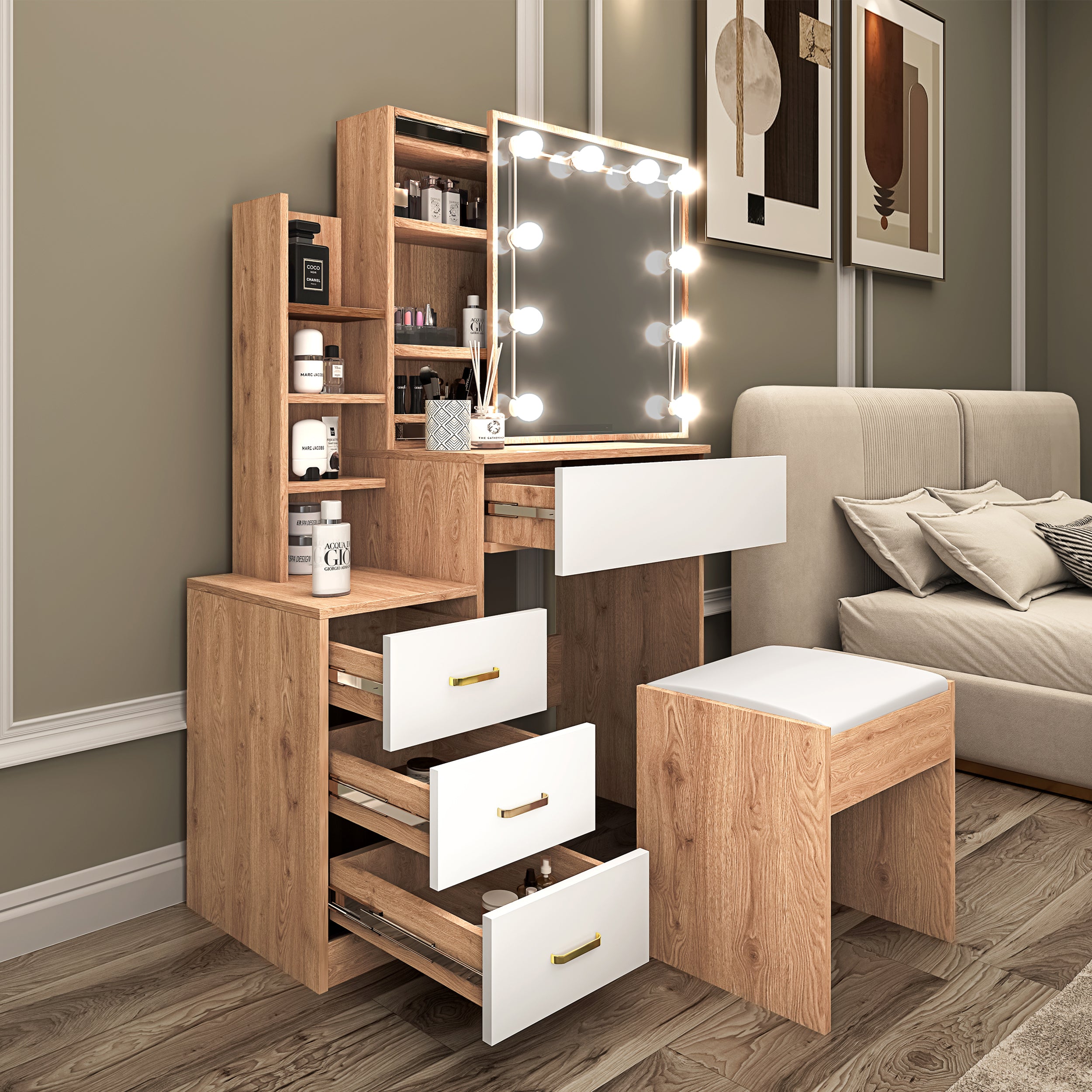 Pine dressing table with LED mirror, white drawers, and stool for stylish bedroom decor.